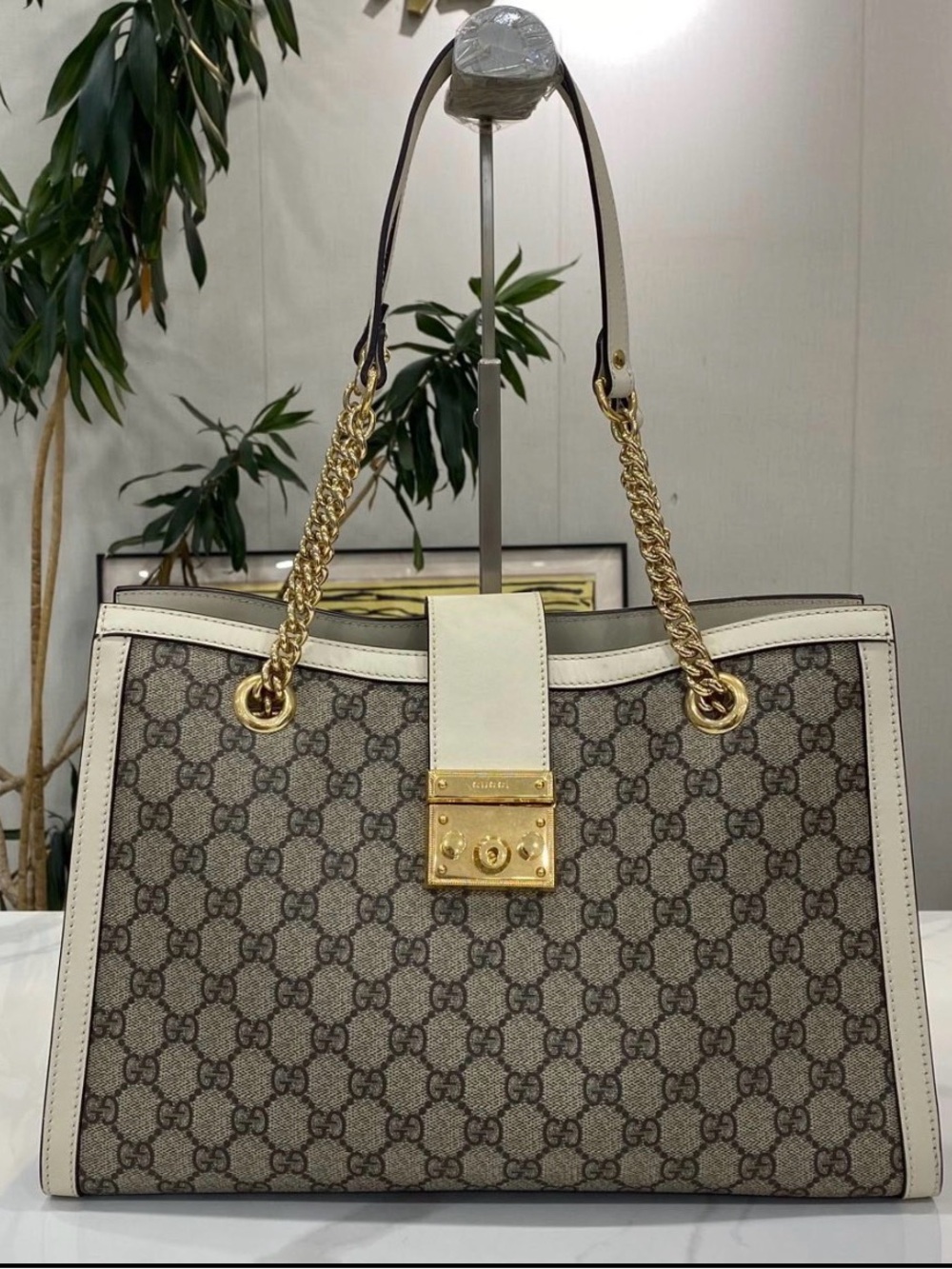 Gucci Brown GG Supreme Canvas Tote with Cream Trim and Gold Hardware